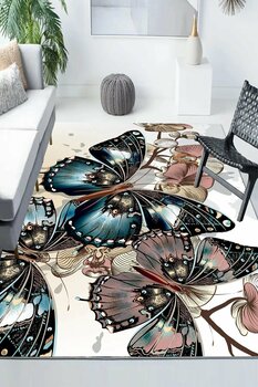 3D ELSE HALI Kahve Kelebekli Desenli Modern Kaymaz Yıkanabilir Mutfak Salon Halısı