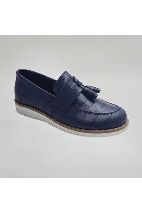 Tarz Çocuk Erkek Çocuk Lacivert Kroko Loafer Ayakkabı Fiyonklu Kaymaz Taban