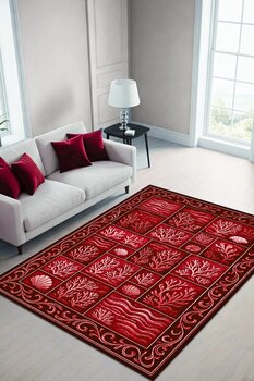 The Reef Design Kırmızı Mercan Desenli Patchwork Eskitme Halı Dijital Baskılı Kaymaz Yıkanabilir Salon Halısı