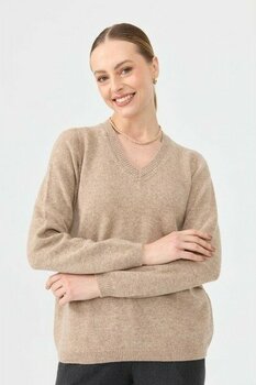 Desen Triko Kadın V Yaka Klasik Yün Kazak K.bej - L - Koyu Bej
