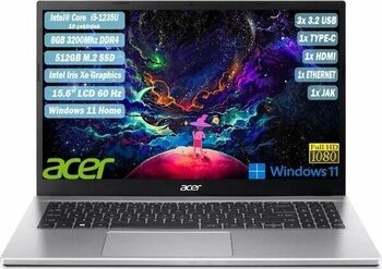 Acer Aspire 3 Gümüş Intel Core i5-1235U 8 GB 512 GB SSD 15,6 inç 1920 x 1080 Intel Iris Xe Graphics Windows 11 Notebook