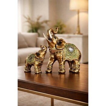 Polyester Döküm Bronz Fil Ailesi Dekoratif Fil Biblo 15 cm 30 cm - Yeşil