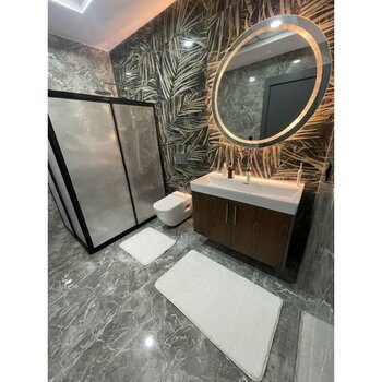 2'li Yıkanabilir Kaymaz Dot Taban Post Peluş Tavşan Tüylü Banyo Halısı Peluş Halı Klozet Takımı 50X60 ve 60X100 Banyo Paspası - Beyaz