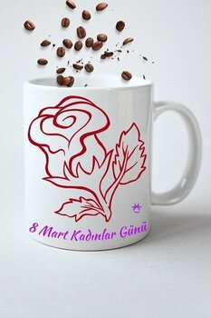 8 Mart Kadınlar Günü Hediyesi Baskılı Kupa Bardak Porselen Çay Kahve Fincanı-5 Beyaz