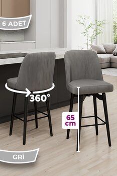Canisa Evax Serisi 6 Adet Gri Bar Sandalyesi 360°c Döner Bar Sandalyesi Babyface Kumaş Siyah Metal Ayaklı