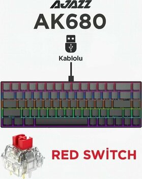 Ajazz AK680 Kablolu %65 Boy Mekanik Oyuncu Klavyesi-Rainbow Aydınlatma Hot-Swap - Siyah - Kırmızı Switch