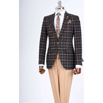 Italyan Stil Slim Fit Ekose Erkek Ceket Siyah T13437 - 50