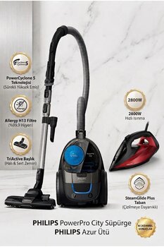 Philips PowerPro City FC9332/07 Pet Başlıklı Süpürge ve Azur 7000 DST7022/40 Ütü Çeyiz Paketi