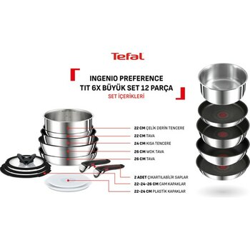 Tefal Ingenio Preference 6X Büyük Tava Tencere Seti - 12 Parça - Açık Gri - 26 cm
