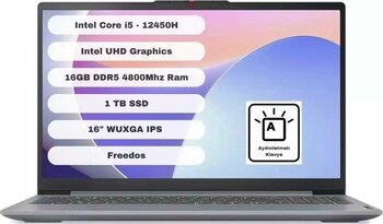Lenovo IdeaPad Slim 3 16IAH8 83ES003QTR Gri Intel UHD Graphics 1 TB SSD 16 GB RAM 16 inç WUXGA Taşınabilir Bilgisayar