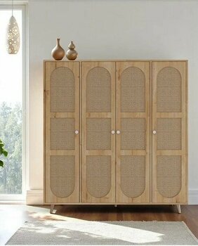 Bali Bohem - 4 Kapaklı Gardırop | Jüt Mdf Kapaklı Elbise Dolabı | 160CM -Meşe - Meşe