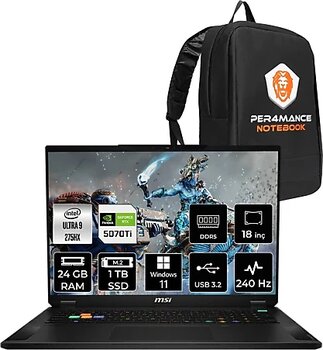 MSI Stealth 18 HX AI Ultra 9 275HX 24GB 1TB SSD RTX5070TI/12GB 140W 18'' WQXGA W11P Gaming Laptop