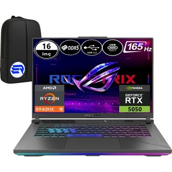 Asus Rog Strix G16 G614PH-RV036EP4 Ryzen 9 8940HX 32GB 512GB SSD RTX5050 WIN11 Pro 16" Wuxga 165Hz + Elektropasaj Çanta - 512 GB - 32 GB