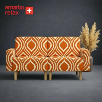 Smarto Relax  Ikili Koltuk 180 cm – Polyester Kumaş, Ahşap Iskelet, Ahşap Ayak - kumaş - Beyaz - Turuncu
