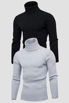 HANCLO Unisex 2’li Hazır Paket Siyah - Gri Balıkçı Yaka Kaşkorse Şardonlu Slimfit Boğazlı Kazak