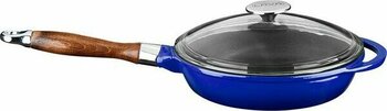 Lava Döküm Kızartma Tavası Ahşap Kulplu Cam Kapaklı ÇAP(Ø)28CM Mavi
