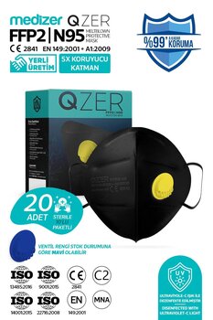 Medizer Qzer Siyah 5 Katlı Ventilli Ffp2 Nr Toz Maskesi 20 Adet