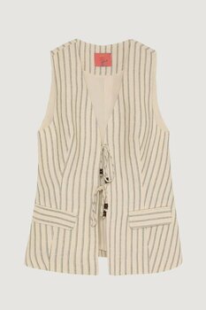 Kruvaze Yaka Bağlamalı Çizgili Yelek Naturel