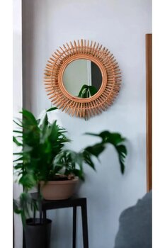 VERSA Rattan Bambu Dekor Ayna,dekoratif Ayna,dresuar Ayna,yuvarlak Duvar Aynası 53 Cm,bohem Duvar Aynası