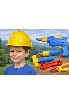 ÖZDEMİR OYUNCAK 3+ Yaş Çocuk Oyuncak Tamir Seti – İnşaatçı Bareti Hediyeli Matkap Tornavida Seti
