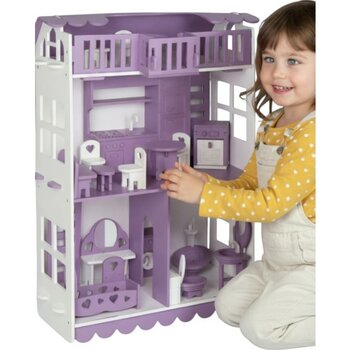 Wibo Lüks 3 Katlı Ahşap Oyuncak Bebek Evi 32 Parça | Doğal Ahşap | Mobilyalı Çocuk Oyun Seti - Mor
