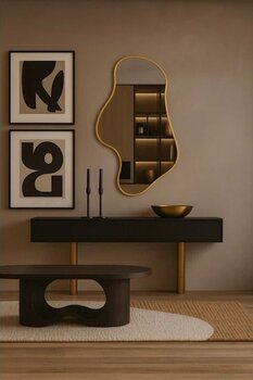 Aypars Atölye 40x68 Cm Dekoratif Asimetrik Duvar Aynası Modern Gold Çerçeveli Organik Şekilli Ayna Altın