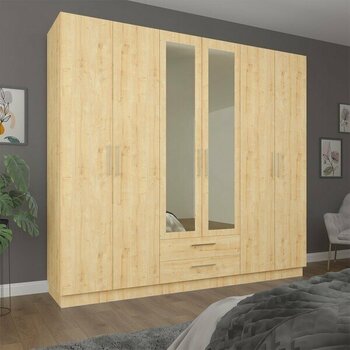 Asra Trend MDF 6 Kapaklı, 2 Çekmeceli, 2 Aynalı Gardırop - 240x218x53cm, Geniş Kıyafet Dolabı, G-05 - Safir Meşe