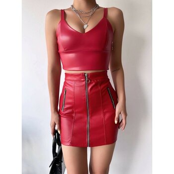 Zemira Üç Fermuarlı Deri Etek Bordo