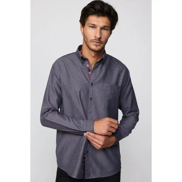Tudors Klasik Fit Oxford Düğmeli Yaka Siyah 2XL Uzun Kol Erkek Gömlek