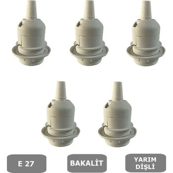 E27 Duy Geçmeli Yarım Diş Avize, Abajur, Lambader Duyu Halkalı - Bakalit Beyaz (250V-4A) 5 Adet