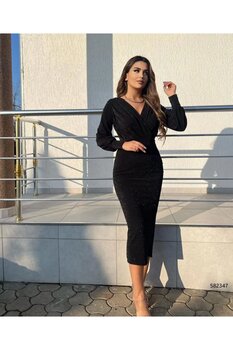 modaserdem Kadın Kruvaze Yaka Uzun Kollu Simli Krep Kumaş Uzun Abiye Elbise (1 BEDEN BÜYÜK ALINIZ) M Beden