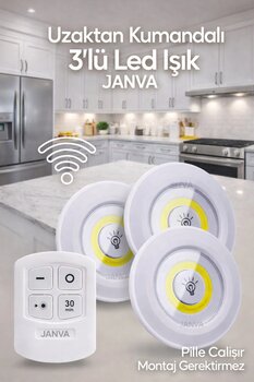Janva Uzaktan Kumandalı 3 Lü Spot Led Lamba Kablosuz Pilli Işıldak Dolap Işığı Mutfak Rafı Işığı