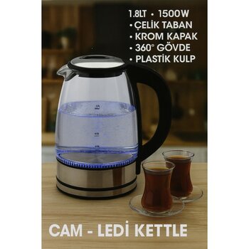 1.8l Cam Kettle, Hızlı Kaynatma, Otomatik Kapanma, LED Işık, Siyah, Çok Renkli - Açık Bej