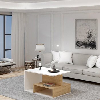 Inarch Dizayn Vera S004 Beyaz - Safir Meşe 90 cm x 60 cm x 48.6 cm Orta Sehpa