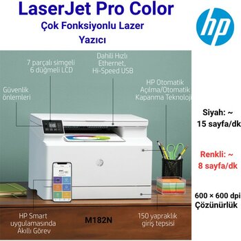Hp Laserjet Pro Color M182N 7KW54A Tarayıcı + Fotokopi Renkli Çok Fonksiyonlu Lazer Yazıcı - Beyaz