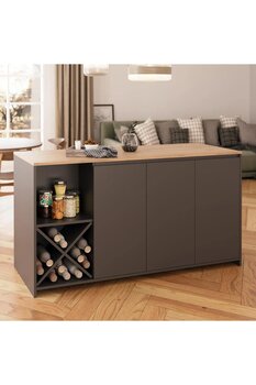 Bimossa Gustav L4720 Mutfak Adası 160cm Antrasit Ahşap Şaraplık Bar Masası Çok Amaçlı Depolamalı Raflı Dolap