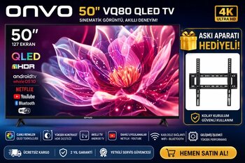 Onvo 50 Vq80 Qled Android Smart Tv  Hdr Destekli  Netflix Youtube  Bluetooth  Wifi Askı Aparatı Hediyeli