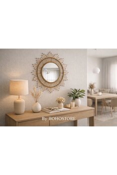 BOHEM Yuvarlak Dekoratif Duvar Aynası 70cm Hasır Tasarım – Salon Antre Oturma Odası Ayna