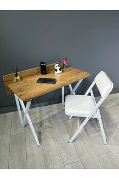 hey modüler mobilya Buse Çalışma Masası Ofis Bilgisayar Masası + Katlanır Sandalyeli 103 cm Metal Beyaz Ayak