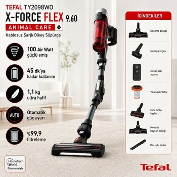 Tefal TY2098WO X-Force Flex 9.60 Animal Care Kablosuz Şarjlı Dikey Süpürge 100 Air Watt - Siyah - Kırmızı