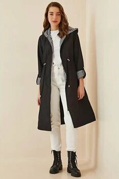 Kadın Siyah Beli Büzgülü Kapüşonlu Uzun Trençkot HZL22W-BD190911