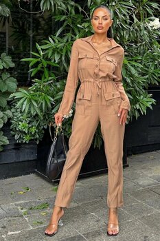 NEW LAVİVA Kadın Vizon Uzun Kol, Gömlek Yaka, Cepli, Kemerli, Airobin Safari Tulum 36 Beden