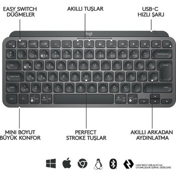 Norino Logıtech Mx Keys Mını Mınımalıst Kablosuz Bluetooth Aydınlatmalı Q Tr Klavye Siyah 920-010504 - Belirtilmemiş - Çok Renkli