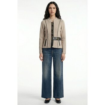 Sementa Suni Deri Detaylı Yünlü Kadın Triko Ceket - Vizon - Kahverengi - S - Dropsuz