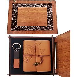 Ahşap Kutulu Taba Renk Deri Defter Anahtarlık Set