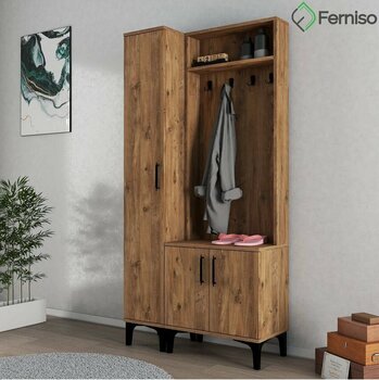 FERNISO Tek Kapaklı Ceviz Portmanto Vestiyer ve Ayakkabılık Dolabı