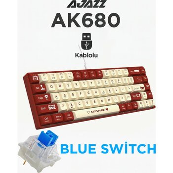 Ajazz AK680 Kablolu %65 Boy Mekanik Oyuncu Klavyesi-Rainbow Aydınlatma Hot-Swap - Blue Switch - Kırmızı