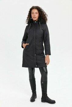 Desen Triko Kadın Kapüşonu Kürklü Baklava Desenli Kapitone Kaban Siyah - 2XL