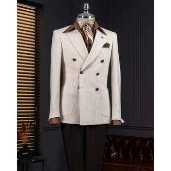 Italyan Stil Slim Fit Kruvaze Erkek Tek Ceket Bej T14282 - 48