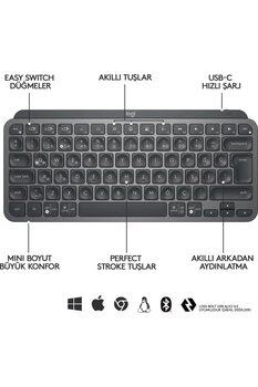 logitech Mx Keys Mını Mınımalıst Kablosuz Bluetooth Aydınlatmalı Q Tr Klavye Siyah